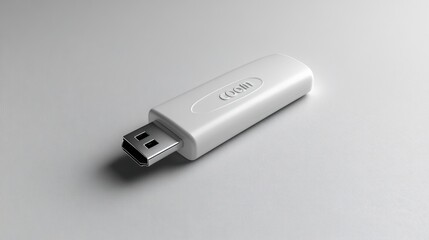 White USB flash drive on a light gray surface.