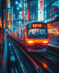 Obraz premium Train glides over city street illuminated by bright lights in urban