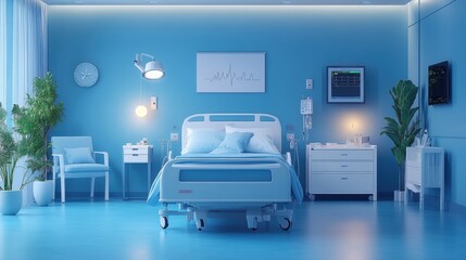 Hospital room designed for patient comfort with modern equipment and calming colors