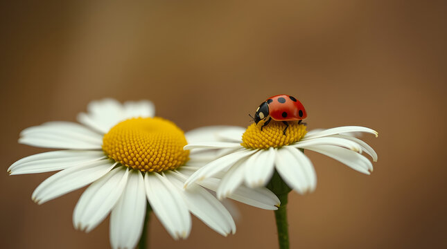 Red ladybug on camomile flower, ladybird creeps on stem of plant in spring in garden in summer