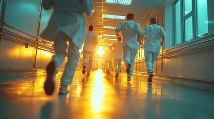 Obraz premium Doctors rush down hospital corridor in urgent response to emergency situation