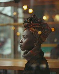 A confident Black woman wearing a colorful headwrap gazes thoughtfully in a lively cafe, capturing an essence of joy