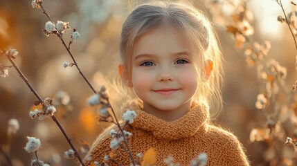 Fototapeta premium A young girl is smiling and wearing a yellow sweater in a field of flowers. Concept of warmth and happiness