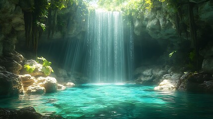 Sunlit waterfall cascading into a tranquil turquoise pool within a lush cave.