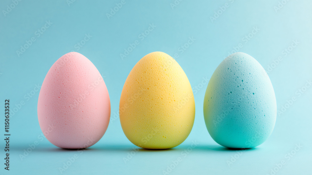 Poster Three pastel-colored easter eggs are standing in a row on a light blue background, creating a simple yet festive easter scene
