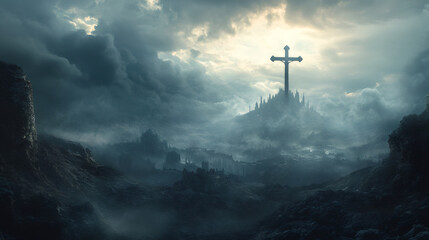 Naklejka premium Mystical and evocative atmosphere: dramatic landscape with a large cross on a hill, overlooking a ruined city beneath a dark and cloudy sky