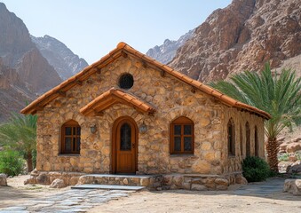 A beautiful caravanserai stands next to an oasis, surrounded by date palms gently moving in the desert air