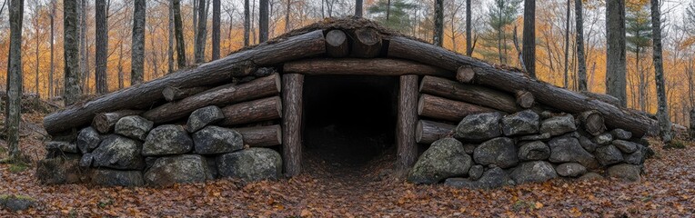 Obraz premium The entrance structure made of rough logs leads into a hand-dug mine, framed by colorful autumn trees and fallen leaves