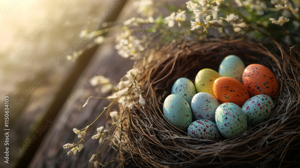 Poster easter eggs nestled in a nest bring to mind the arrival of spring and the happiness of easter festiv