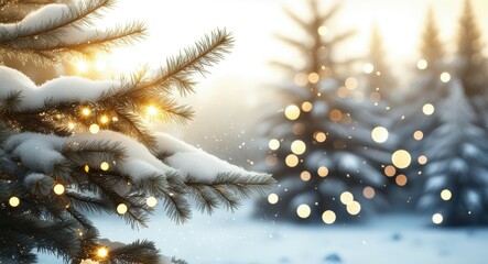 Winter wonderland, snowy forest, sunlight through pine branches, bokeh lights, golden hour glow, frosty landscape, evergreen trees, soft focus, magical atmosphere, festive scene, cold crisp air, natur