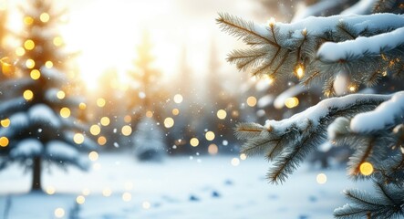 Winter wonderland, snowy forest, sunlight through pine branches, bokeh lights, golden hour glow, frosty landscape, evergreen trees, soft focus, magical atmosphere, festive scene, cold crisp air, natur