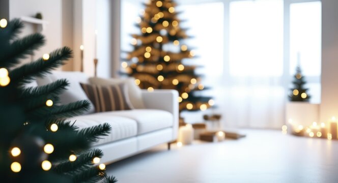 Christmas tree, cozy living room, blurred background, white table foreground, holiday decorations, warm lights, festive atmosphere, soft focus, interior design, minimalist decor, winter ambiance, gold