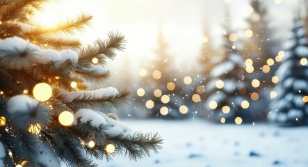 Winter wonderland, snowy forest, sunlight through pine branches, bokeh lights, golden hour glow, frosty landscape, evergreen trees, soft focus, magical atmosphere, festive scene, cold crisp air, natur