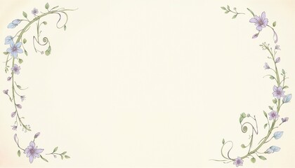 Floral botanical decorative border with delicate lavender and green watercolor flowers on a soft beige background. Elegant vintage nature-inspired design for greeting cards, invitations