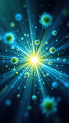 Fototapeta premium Illustration of viruses with a glowing central particle, possibly representing semaglutide, set against a dark background with star-like trails.