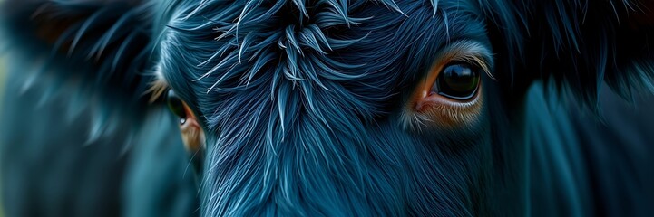 Close up view of a rich deep teal cow showcasing vibrant fur and textures