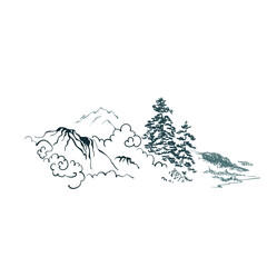 Fototapeta premium tree clouds mountains bay sea landscape nature japanese chinese vector design background elements
