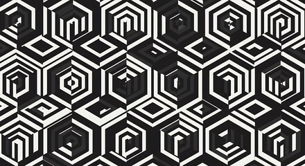 Intricate hexagonal geometric pattern.  Black and white 3d abstract illusion. Repeating lines create optical illusion.