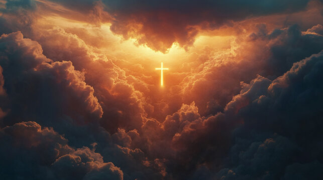 Radiant cross ascending above dramatic clouds, representing hope, faith, and new beginnings