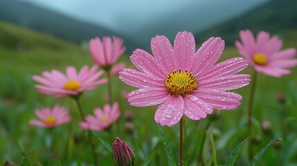 Obraz premium A close-up of pink daisies with raindrops, set against a blurred green landscape.