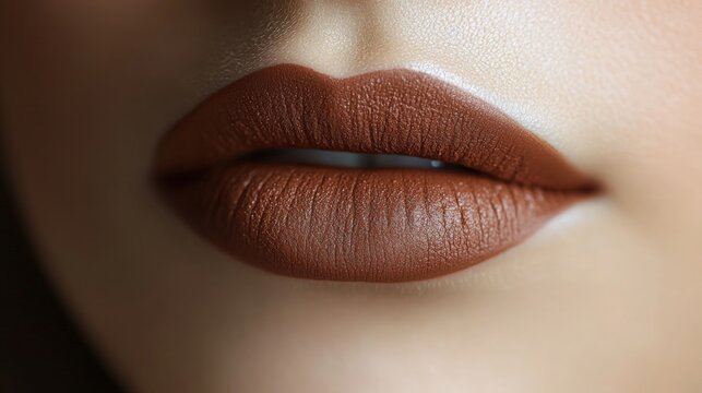 Beautiful close-up of perfectly applied brown matte lipstick on soft lips