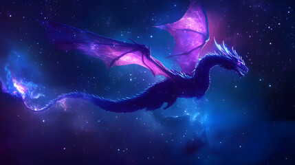 A celestial design of a stylized dragon flying through glowing constellations.