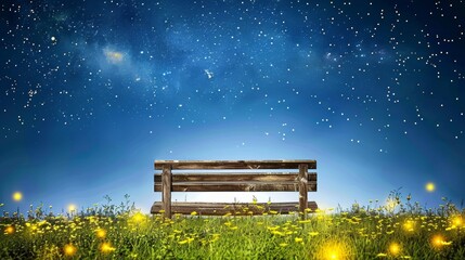A serene park bench glowing with fireflies under a vibrant starry night sky for peaceful moments