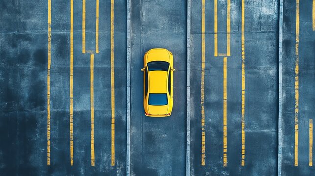 Aerial view of a yellow car parked in a spacious parking lot with marked lines.