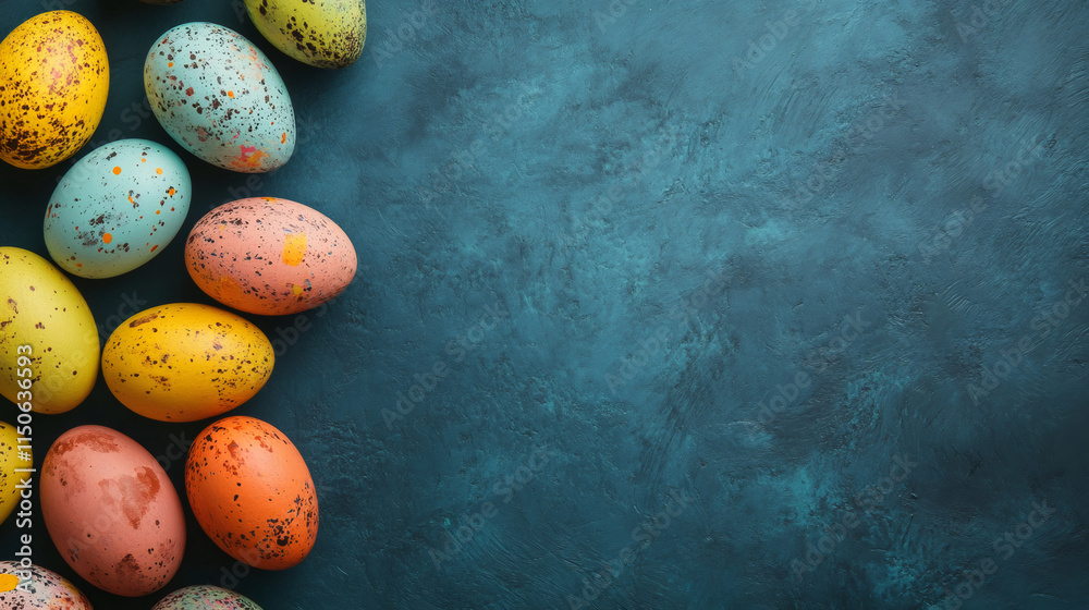 Poster Festive easter eggs displayed on a textured teal backdrop, forming a lively border with space for text