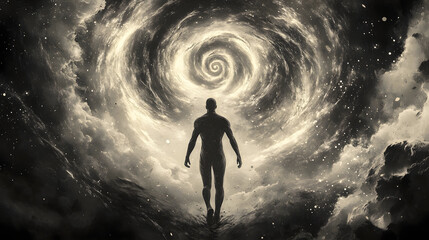 Fototapeta premium A celestial tattoo design of a galaxy swirling around a human figure.