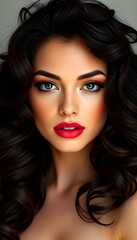 Fototapeta premium Beautiful brunette model with volume curls, classic makeup and sexy lips. The beauty of the face. Portrait shot in the studio, close-up, with white tones