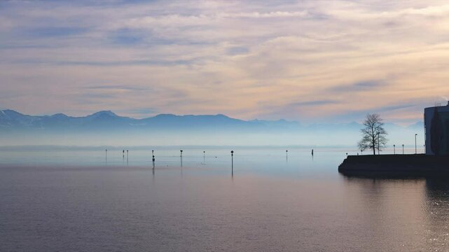 Lake Constance in Lindau with morning fog over the lake, Germany, Bavaria