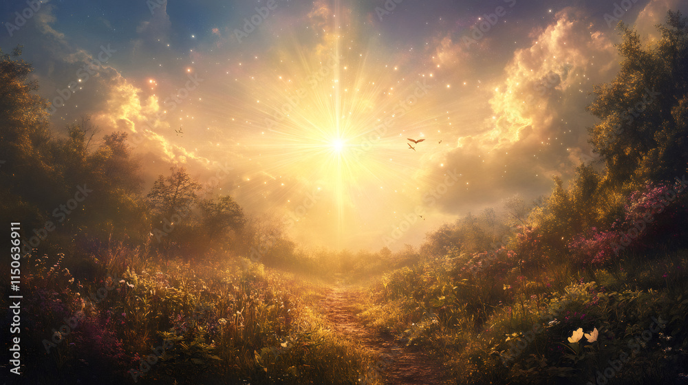 Poster magical sunrise illuminating path through blooming meadow and forest with glowing sparkles and birds