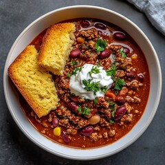 A hearty bowl of chili con carne with beans, ground beef, and a touch of cheese