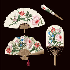 Fans with vintage Victorian flowers. Vector.