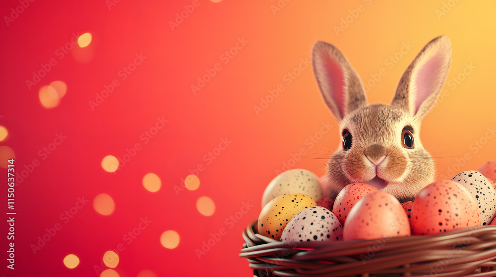Poster Easter bunny peeks out from a basket of colorful chocolate eggs against a gradient background with bokeh effect