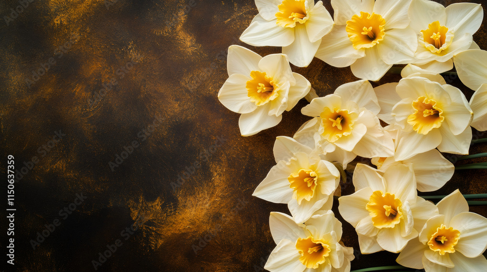 Poster beautiful border of white and yellow daffodils on a dark rustic backdrop, ideal for easter crafts an