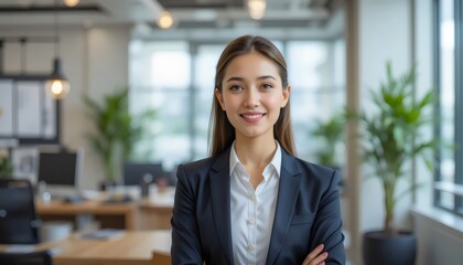 Confident Young Businesswoman in a Stylish Office Setting: Showcasing Modern Professional Attire, Leadership Qualities, and a Strong, Empowered Presence in the Workplace