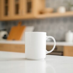 Fototapeta premium A photograph of a white mug on a kitchen countertop, sharp focus on the mug, blurred bokeh background, soft natural light, clean and simple composition