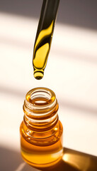 close up of pipette with pouring liquid serum with golden bottle and shadows, detailed, with white tones