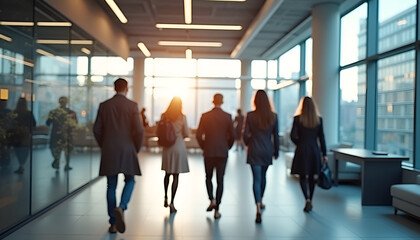 Obraz premium Group of business professionals walking towards a bright window, motivated atmosphere