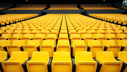 Naklejka premium Neatly arranged rows of yellow chairs in a seating area, bright atmosphere