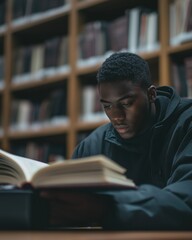 Black male student focused on his studies in a bright library, showing dedication and concentration