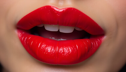 Obraz premium Close-up of glossy red lips, vibrant beauty detail