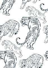 tiger line sketch japanese chinese vector design seamless pattern