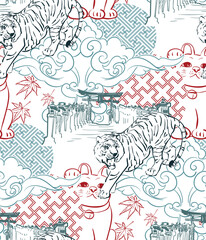 tiger neko cat temple gate clouds ornate collage japanese chinese vector design seamless pattern