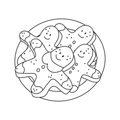 A fun coloring page featuring a plate with a stack of gingerbread men. Black and white Christmas cookies.
