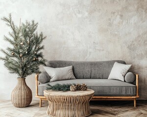 Christmas interior mockup with a gray sofa, fir tree branch in a vase, and simple decorations near a rustic wicker table