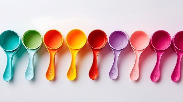 A row of colorful spoons with different sizes and colors