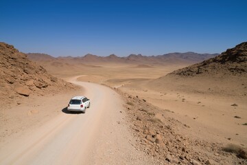 A white car is driving down a dirt road in a desert. The car is the only vehicle on the road, and the desert landscape is barren and rocky. Scene is one of solitude and isolation